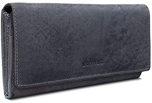 ROYALZ 'Lucia' Vintage Leder Damen Portemonnaie Groß RFID Schutz - Geldbörse mit Reißverschluss viele Fächer 11 Kartenfächer Brieftasche Querformat, Farbe:Navy Grau