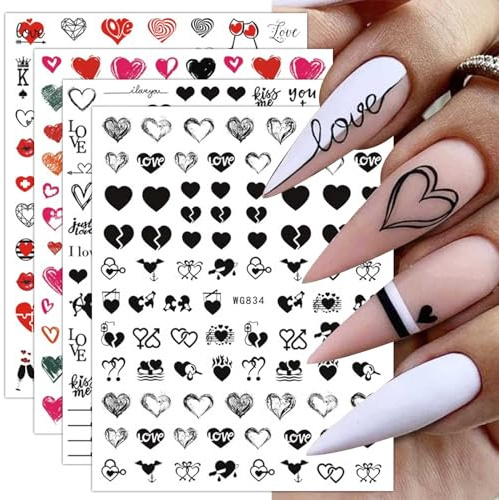 JMEOWIO 9 Sheets Valentines Day Nail Art Stickers Decals Self-Adhesive Love Rose Flowers Red Black Nail Supplies Nail Art Design Decoration Accessories