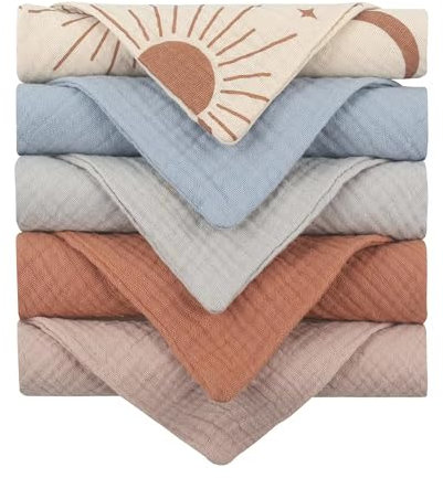 Aloonii 5 Pack Luxury Muslin Squares | Cute Small Baby Burp Cloths (Blue)