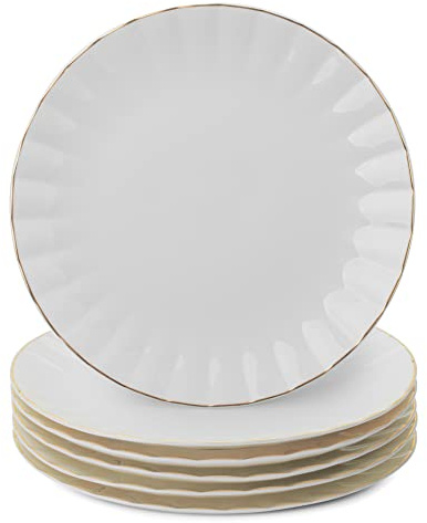 BTaT- Porcelain Dinner Plates with Gold Trim,10.5 inch, Set of 6, White Dinner Plates Bulk, White Plate Set