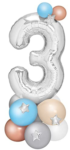 Globo Número 3 Foil Base Globos látex color Plata (15 unidades) - Cumpleaños Infantil niño, Decoración globos cumpleaños infantil niño, globos números con base globos.