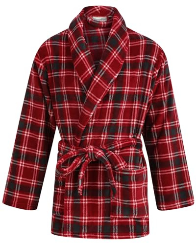 Walker Reid Men’s Coral Fleece Nightwear – Luxury Shawl Collar Bed Jacket – Stripe & Check Patterned Robe – Wrap Tie Waist Robe – Medium to 3XL