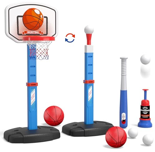 HYES 2 in 1 Basketballkorb Kinder Spielzeug, Basketballkorb Indoor Outdoor Baseball Set ab 2 3 4 Jahre Kinder, mit Pitching Maschine, Baseballschläger, Geschenke für Jungen Mädchen, Blau