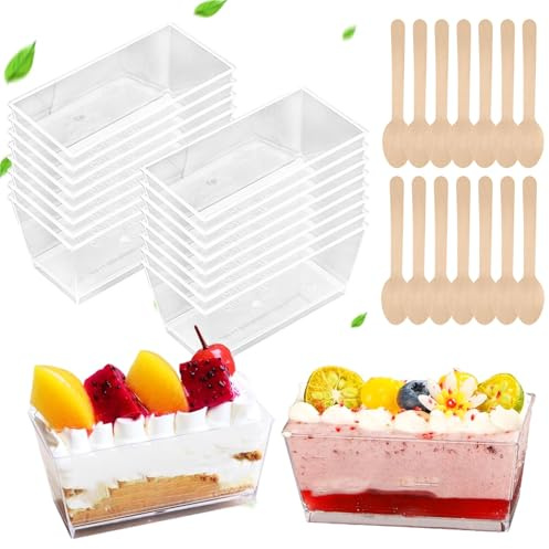SWoob 60pcs Plastic Square Dessert Pots Clear Reusable Mini Dessert Cup with 60pcs Plastic Spoon Suitable for Cake Ice Cream Pudding Party(160ML)