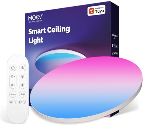 MOES Lámpara de Techo LED Inteligente, Ø29 cm, 24W/2500LM/3000K-6500K, RGB Ajustable, con 16 Millones de Colores Personalizables y Mando a Distancia, Compatible con Alexa/Google Home, Smart Life/Tuya