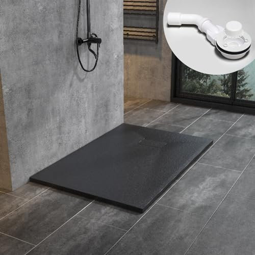 WITEN&NOCK SMC Duschwanne 120x80cm schwarz Brausewanne Duschtasse extra flache Steinoptik Antirutsch inkl. Abdeckung und Ablaufgarnitur Ø90mm Siphon