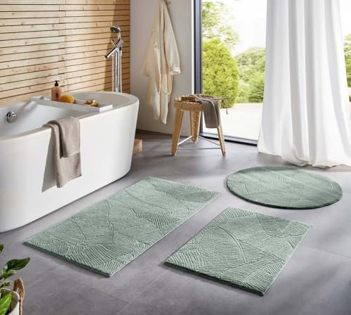Taracarpet Badematte Homestyle rutschfest waschbar Badezimmerteppich Bad-Vorleger, WC Deko, Duschvorleger für Dusche und Badewannen sehr weich und als Set kombinierbar Grün Blätter 080 cm rund