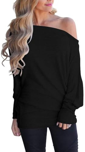 Eniloyal Langarmshirt Damen Off Shoulder Oberteil Fledermaus Langarm Oversized Pullover Sexy Basic Schulterfreies Shirts Herbst