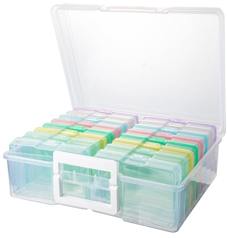 CraftGenes Craft Organizers and Storage, Photo Storage Box with 16 Inner 4×6 Photo Boxes, Card Organizer & Sticker Organizer, Pastel Translucent Candy-Colored Picture Box with Handle