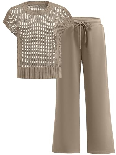 OUKODS Women Two Piece Outfits Crochet Sheer Knit Sweater Top Wide Leg Pants Lounge Matching Sets Sweatsuit Travel Clothes, Khaki, M