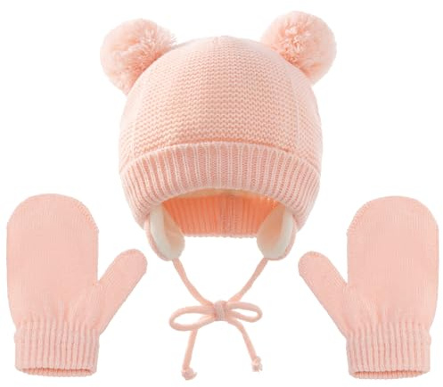 HTTDSLF Ensemble de Bonnet et Moufles d'hiver pour Bébé et Tout-Petit, Chapeaux Tricoté Enfant, Bonnet Enfant Hiver avec Pompon pour Fille Garçon (1-4ans)