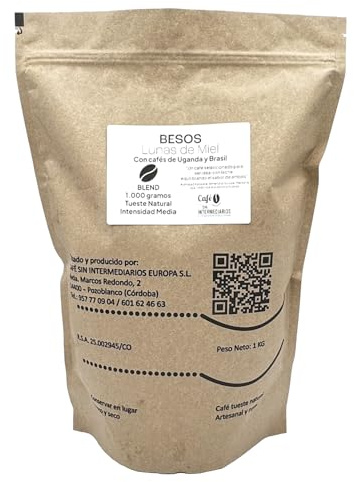 CAFE SIN INTERMEDIARIOS - Besos - Café Colombia En Grano Para Superautomática 1Kg - Tostado Semanal - Envasado y molinado al envío - Intensidad de sabor media - Ideal para Café con Leche