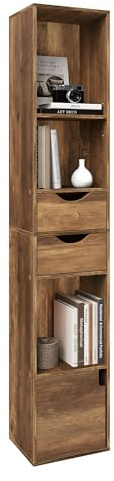 WOLTU Libreria Scaffale Moderna in Legno, Libreria Verticale con 3 Vani Aperti, 2 Cassetti e 1 Armadietto, Mobile Portaoggetti Portalibri da Terra con Ripiano Regolabile, Legno Marrone, 30x24x158cm