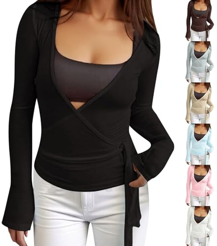 Camiseta sexy para mujer Y2k, estilo envolvente, manga larga, cuello en V profundo, ajustada, para yoga, pilates, ballet, entrenamiento de baile, con aspecto sexy, de un solo color, banda elástica