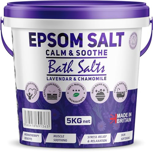 Scented Epsom Bath Salts 5kg Infused with Lavender Chamomile Essential Oil, 100% Natural Mineral Salts - Supports Sleep and Relieves Aching Muscles Magnesium Sulphate Foot Soak Bath Epsom Salts