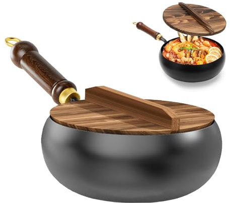 Sartén de hierro forjado, 25 cm, sartén de hierro forjado a mano, sin recubrimiento, con tapa de madera, olla grande para diferentes estilos culinarios, para cocinas de gas e inducción, color negro