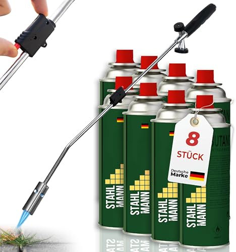 STAHLMANN®Unkrautvernichter inkl. Gaskartuschen - stabiler Unkrautbrenner mit Piezozündung stufenlos regulierbar – Unkrautentferner Gerät mit ergonomischen Griff (8 Kartuschen)
