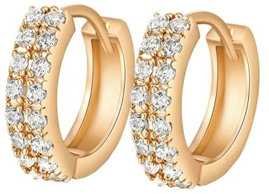 Tolldek Pendientes de oro de 14 quilates Au585 para mujer, auténticos, moissanita, doble fila de piedras, pendientes de aro de oro amarillo de 14 quilates, pendientes de aro para mujer, pequeños y