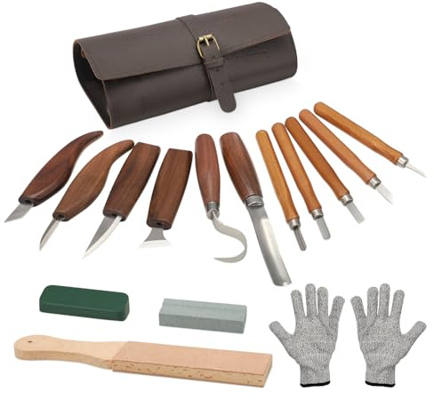 Lot de 16 outils de sculpture en bois professionnels avec 11 couteaux de sculpture, sac en cuir, pierre à aiguiser et accessoires de sécurité (gants de protection contre les coupes)
