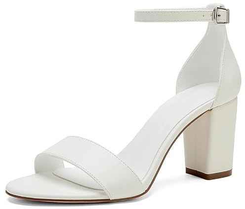 Sandalias de Novia Blancas para Mujer - Tacón Ancho 8cm, Punta Redonda Abierta, Tobillera, Zapatos para Bodas y Eventos