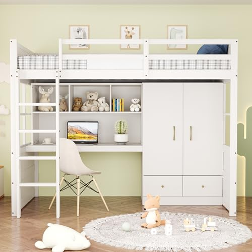 Oxtao Cama alta de 90 x 200 cm, cama infantil con escalera, escritorio y espacio de almacenamiento, con armario y cajones, cama juvenil, cama individual (blanco, 90 x 200 cm)