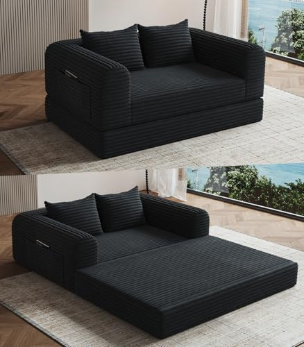 Versatile 2 in1 Loveseat Accent Chair Couch Convertible Boneless Chaise Lounge Chair Indoor Bean Bag Chair for Adult Teen, Portable Comfy Togo Fireside Chair Futon Floor Sofa Bed, 2 Seater, Black