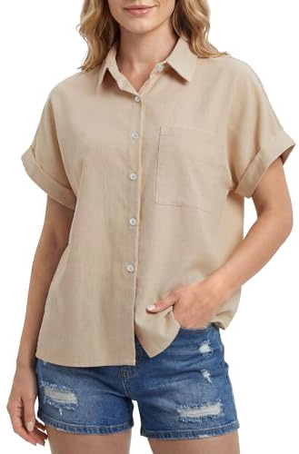 Enmain Blus, damskjorta, kortärmad linneblus, ledig, linne, skjortblus, knapp, sommar, blusskjorta för damer, passform, blusar med ficka, fritidsskjorta, toppar, Beige, L