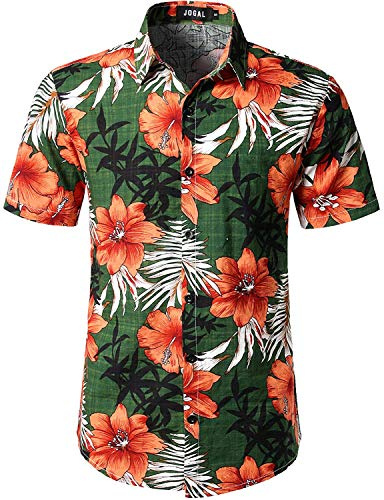 JOGAL Herren Casual Floral Blumenmuster Kurzarm Hawaiihemd Large Grün