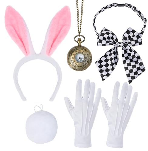 Spooktacular CreationsSet di accessori da coniglio bianco con fascia, papillon, coda, guanti e orologio da taschino per travestimento di Halloween da donna.