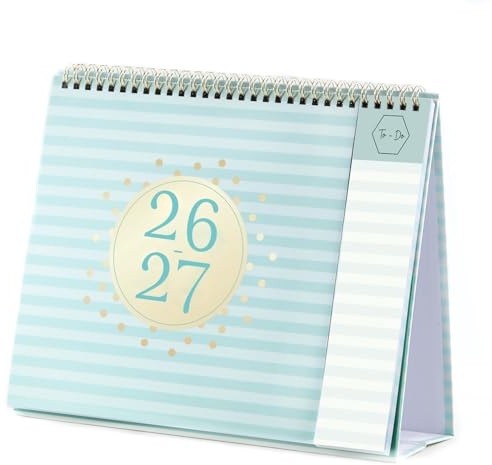 Desk Calendar 2026-2027 - Desktop Calendar 2026-2027 from July 2026 to December 2027, Running weekly memo page, 25.3 x 20.5 x 7.8 cm, Home study office blue stripes.