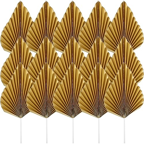 ABOOFAN Gold Folding Fan Cupcake Toppers 24Pcs Leaf Cake Ornaments Decorative Paper Fans for Birthday Wedding Anniversary Party Supplies