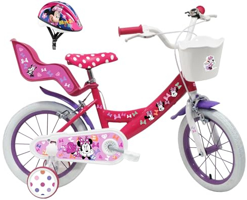 Bicicleta Infantil de 14 Pulgadas, niña Minnie/Disney Equipada con 2 Frenos, Soporte Trasero para muñecas, Cesta Delantera y Casco incluidos