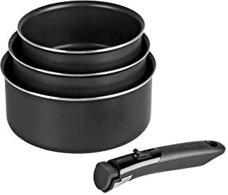 Sitram 716861 - Set di 3 padelle in alluminio pressato, Ø 16/18/20 cm, rivestimento interno antiaderente senza PFOA, manico rimovibile SITRAMOVIble, per tutti i fuochi, inclusa induzione, colore: nero