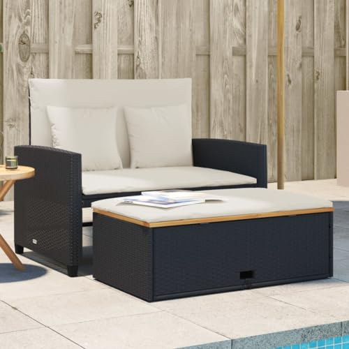 Amorsee Sofá de jardín de 2 Plazas con Reposapiés de Almacenaje, Sofa Jardin Terraza, Sofas De Terraza, Muebles Jardin Exterior con Respaldo Inclinable y Cojines, Negro