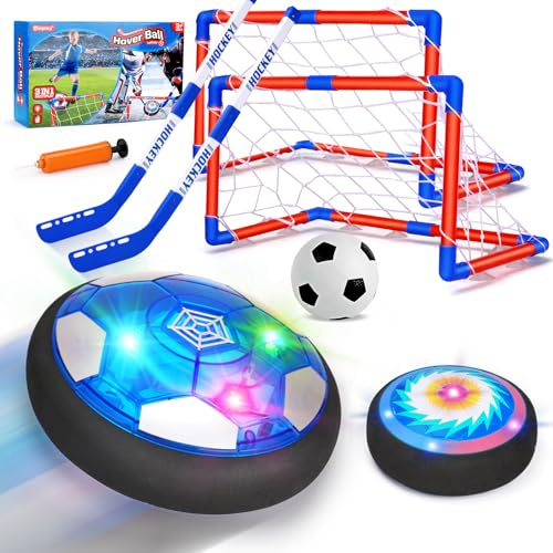 3 in 1 Hover Football Hockey Set for Kids with 2 Goals, LED Hover Soccer Ball Air Hockey Floating Football, Kids Toddler Garden Indoor Outdoor Football Games Gifts for Boys Girls 3-12 Year Old Toys