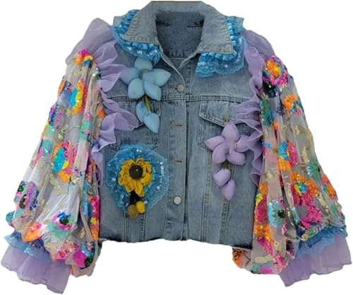 Las Mujeres de Malla de Lentejuelas Bordado Borla Recortar Chaqueta de Mezclilla Lentejuelas Clash Color Suelta Corta Chaqueta de Mezclilla de Manga Larga (Azul,S)