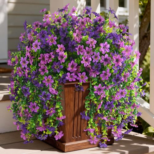 Artificial Flowers for Outdoors Faux Hanging Plants Spring Summer Decoration, 2 Pcs Fake Silk Floral Realistic Outside Flowers UV Resistant No Fade for Planter Pot Porch Patio Window Yard Decor
