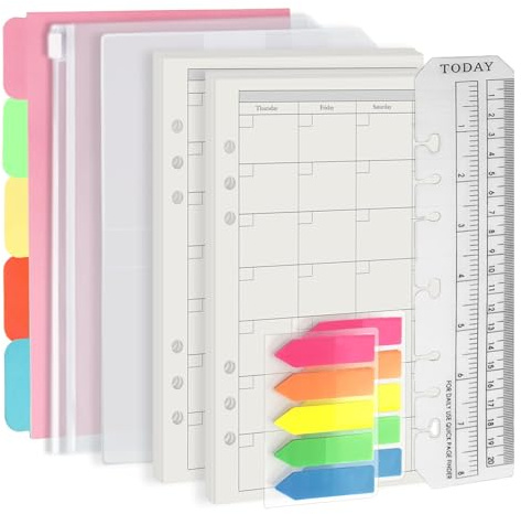 Harphia Juego de relleno de 6 agujeros A5, 90 hojas de papel con pegatinas y separadores, hojas de planificación con bolsillos para cuaderno recargable A5, mes