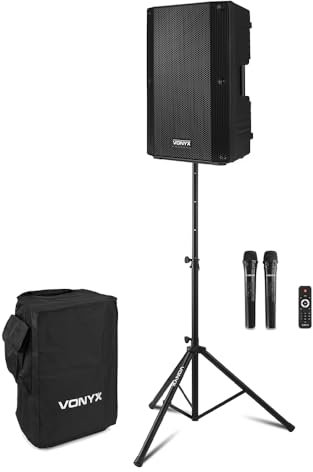 VONYX VSA500 Portable PA System, 800W Battery PA with 2 Wireless Mics, Bluetooth, Adjustable Stand, Protective Cover – Ideal School Announcement System & Outdoor Portable Speaker