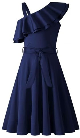 Arshiner Niñas Vestido Un Hombro Niños Verano Elegantes Festivo Escote con Volantes Vestido Sin Mangas Vestidos de Fiesta para Niñas 11-12 Años Azul Marino