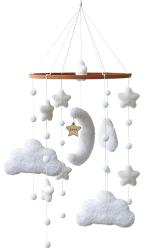 Lit de bébé mobile avec étoiles blanches, lunes et nuages - Décoration suspendue - Mobile pour le lit - Carillon éolien - Cadeau pour bébé fille ou garçon