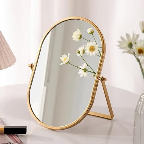 Gosider Sminkspegel, bordsspegel, 90°, lutbar, guld, oval, metallram, bärbar, ensidig högglans för sminkbord, vardagsrum, sovrum, kontor
