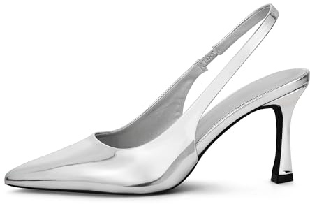 GENSHUO Élégants Escarpins Femme à Talon de 11 cm avec Bride Slingback, Bout Pointu, Talon Kitten Chic et Moderne, Argent Verni, 42 EU