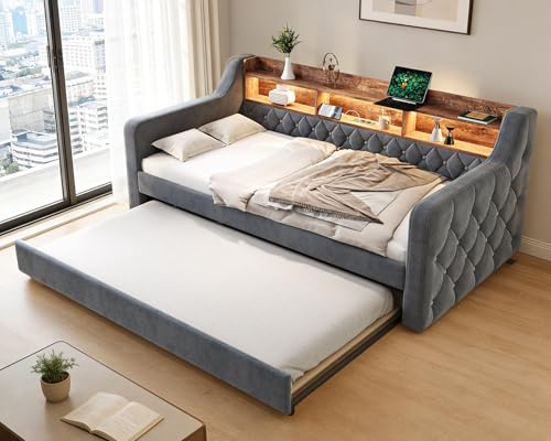 QQU 3ft Day Bed, Daybed with Pull Out Trundle, Single Bed Frame with Charging Station, LED Lights& Shelf, Single Button Tufted Upholstered Sofa Bed (Gray - Single-Button Design, 90 x 190cm)