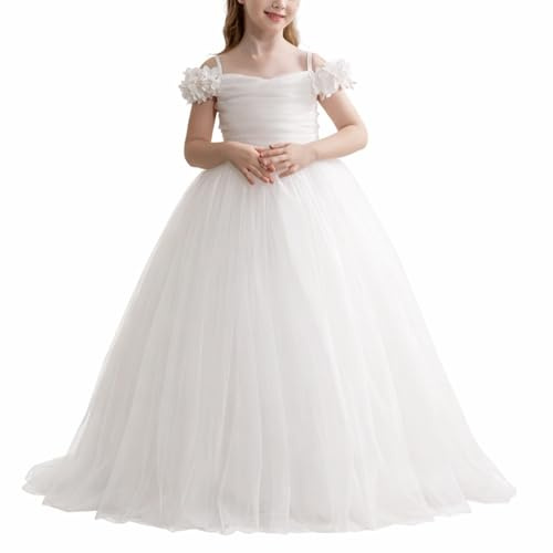JerrisApparel Flower Girls Off-Shoulder Tulle Dress Wedding Party Pageant Ball Gown (12-13 Years/Tag Size 160cm, White)