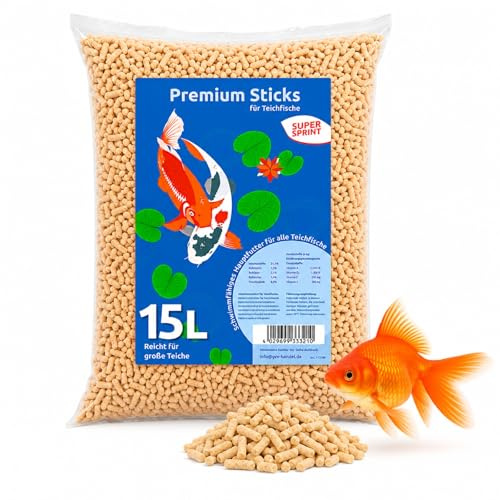 Bâtons de nourriture pour poissons de bassin - 15 l - Pour poissons koï rouges et poissons de bassin - Aliment complet flottant avec vitamines faciles à digérer - Bâtons de bassin de jardin pour eau