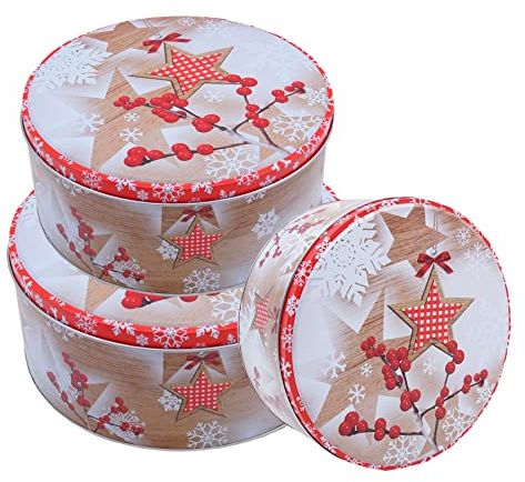 Kamber Office Keksdosen Set 3-tlg Weihnachten Design – Plätzchendosen aus Metall rund – Keksdose groß platzsparend weichnachtlich, Blechdose für Plätzchen, Gebäckdose Weihnachtsdose (Sterne)