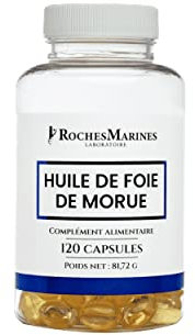 Roches Marines - Complément alimentaire Huile de foie de morue - Apport en oméga 3, vitamines A et D - Immunité - Bonne solidité des os - 120 capsules - Développé en France