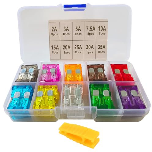 QitinDasen 80Pcs Professionell Standard Auto Sicherungen KFZ Sicherungen Set, Standard Blade Sicherungen, Flachsicherungen mit Sicherungsabzieher (2A/3A/5A/7.5A/10A/15A/20A/25A/30A/35A)