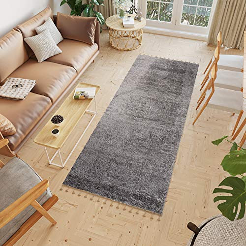 TAPISO Versay Fransen Teppich Läufer Shaggy Hochflor Langflor Modern Einfarbig Design Dunkelgrau Wohnzimmer Schlafzimmer Küche ÖKOTEX 70 x 250 cm